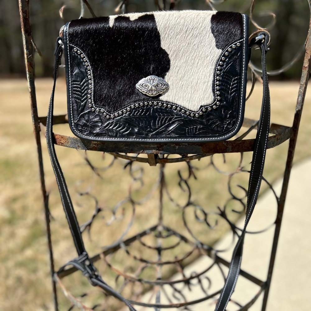 Leather American West Cross Body Hair Calf Hand Tooled Leather